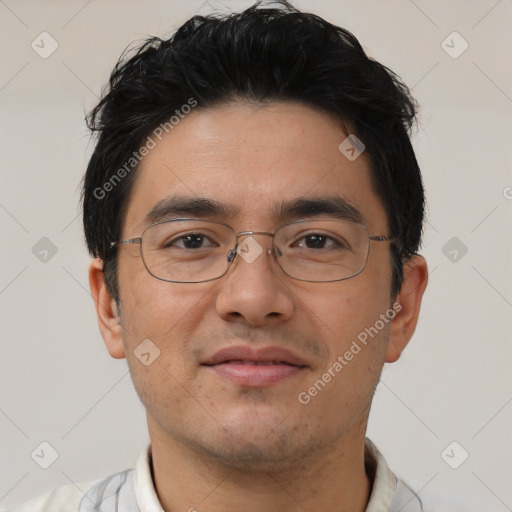 Joyful asian adult male with short  brown hair and brown eyes