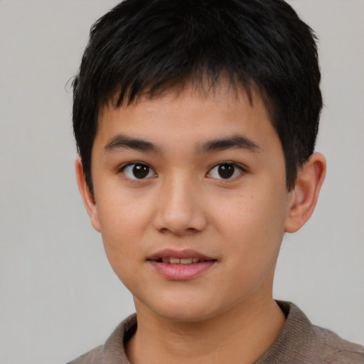 Joyful asian child male with short  brown hair and brown eyes