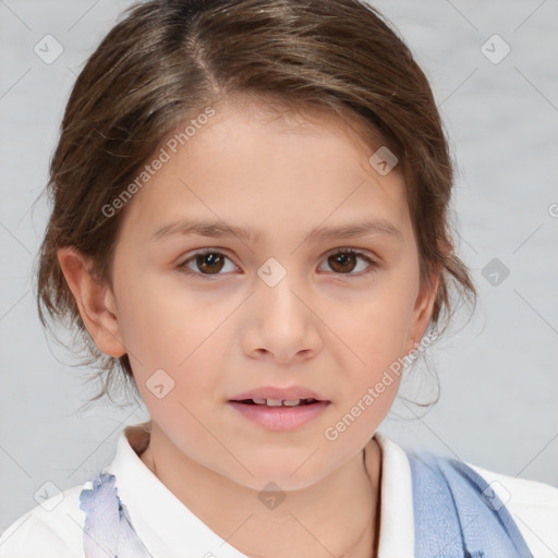 Joyful white child female with medium  brown hair and brown eyes