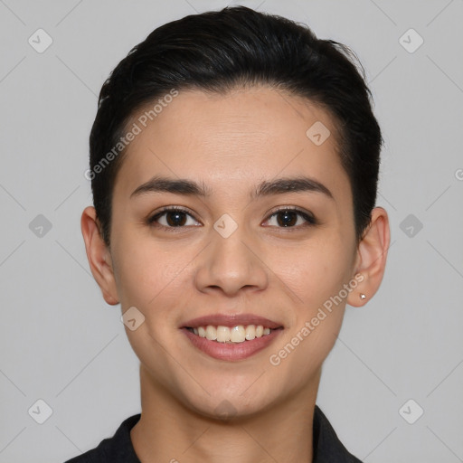 Joyful white young-adult female with short  brown hair and brown eyes