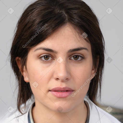 Neutral white young-adult female with medium  brown hair and brown eyes