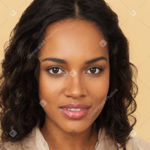 Joyful black young-adult female with long  brown hair and brown eyes