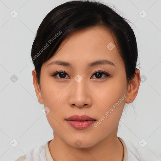 Neutral asian young-adult female with medium  brown hair and brown eyes