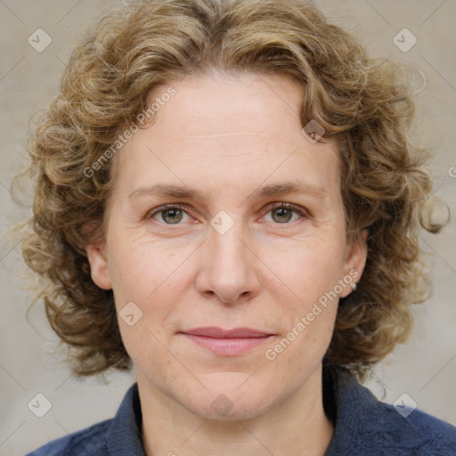 Joyful white adult female with medium  brown hair and blue eyes