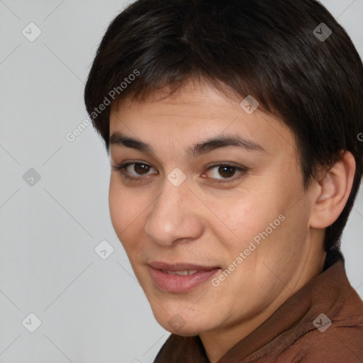 Joyful white young-adult female with short  brown hair and brown eyes