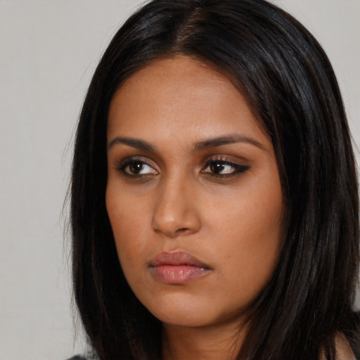 Neutral asian young-adult female with long  brown hair and brown eyes