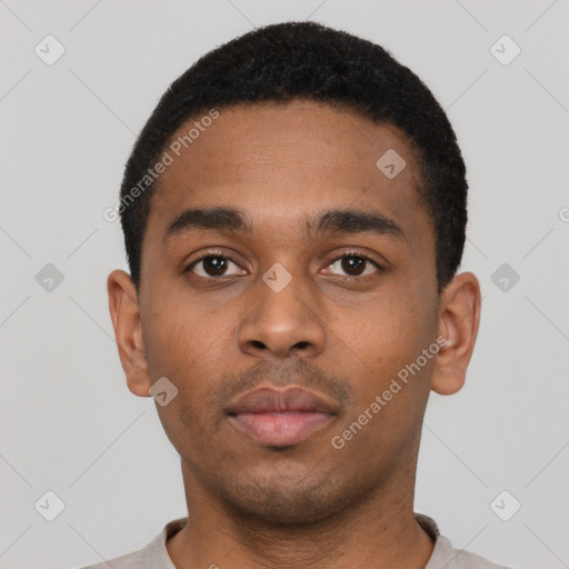 Neutral black young-adult male with short  black hair and brown eyes