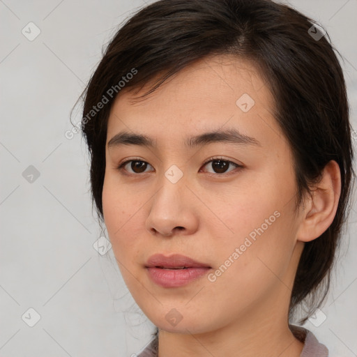 Neutral white young-adult female with medium  brown hair and brown eyes