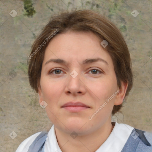 Neutral white young-adult female with short  brown hair and brown eyes