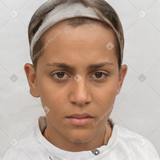 Neutral white young-adult female with short  brown hair and brown eyes