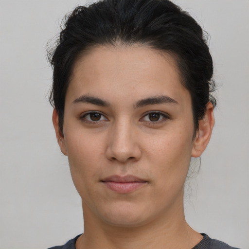 Neutral asian young-adult female with short  brown hair and brown eyes