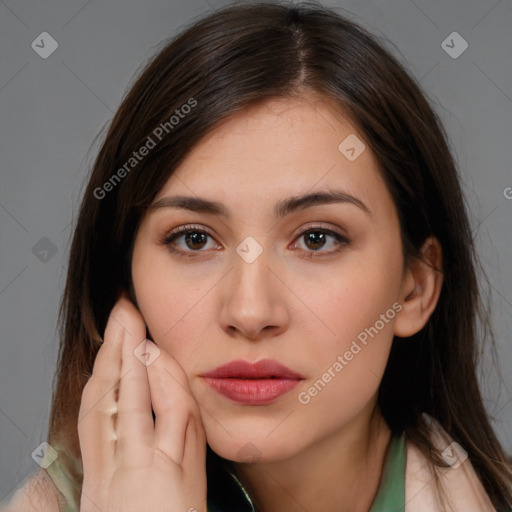 Neutral white young-adult female with medium  brown hair and brown eyes