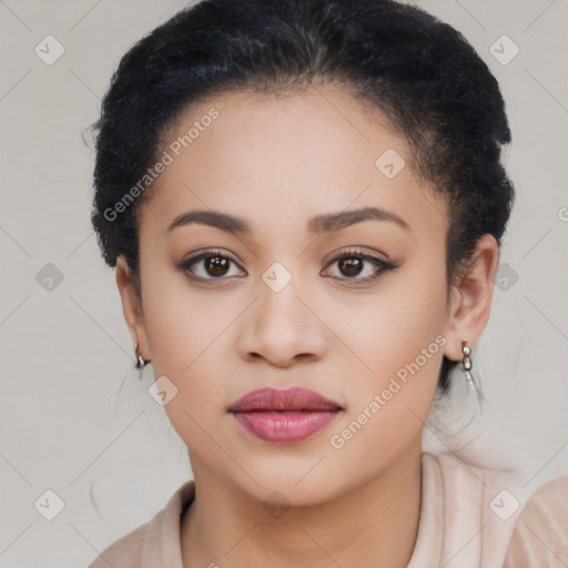 Joyful latino young-adult female with short  brown hair and brown eyes