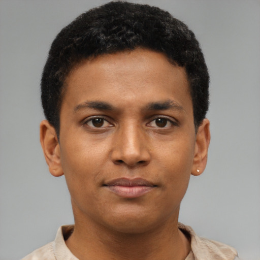 Neutral latino young-adult male with short  brown hair and brown eyes