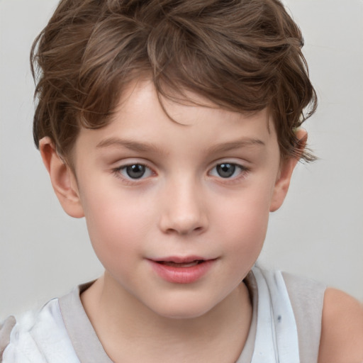 Joyful white child female with short  brown hair and brown eyes