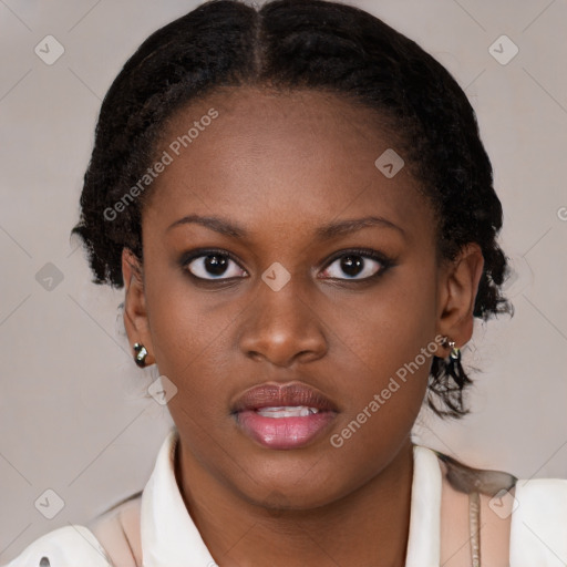 Neutral black young-adult female with medium  brown hair and brown eyes