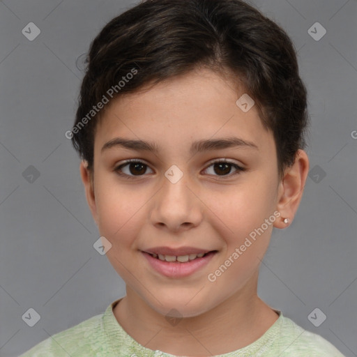 Joyful white child female with short  brown hair and brown eyes