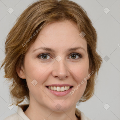 Joyful white young-adult female with medium  brown hair and green eyes