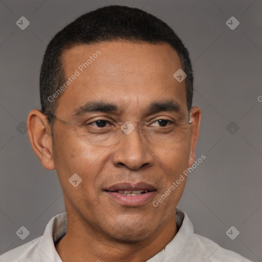 Joyful latino adult male with short  black hair and brown eyes