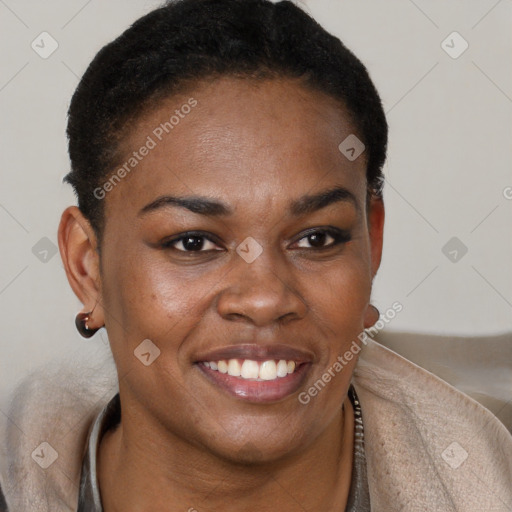 Joyful black young-adult female with short  brown hair and brown eyes