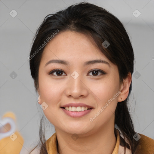 Joyful white young-adult female with medium  brown hair and brown eyes