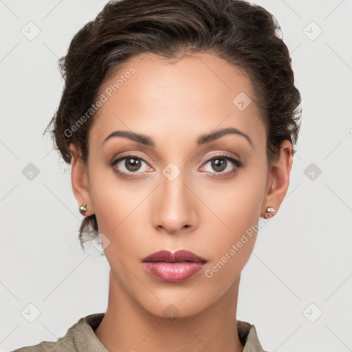 Neutral white young-adult female with short  brown hair and brown eyes