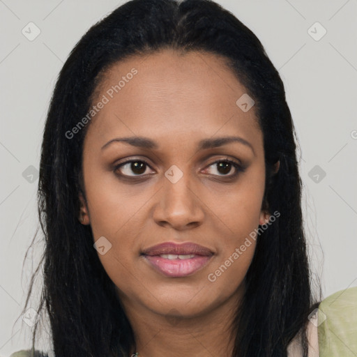 Joyful asian young-adult female with long  brown hair and brown eyes