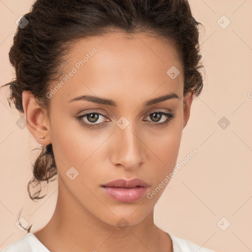 Neutral white young-adult female with short  brown hair and brown eyes