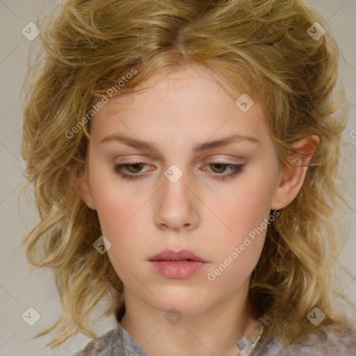 Neutral white young-adult female with medium  brown hair and brown eyes