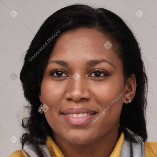 Joyful latino young-adult female with medium  black hair and brown eyes