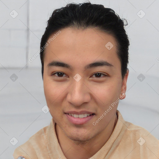Joyful asian young-adult female with short  brown hair and brown eyes