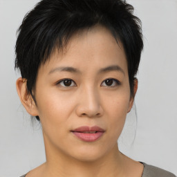 Joyful asian young-adult female with short  brown hair and brown eyes