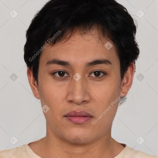 Neutral asian young-adult female with short  black hair and brown eyes