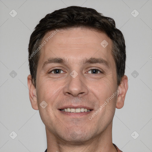 Joyful white young-adult male with short  brown hair and brown eyes