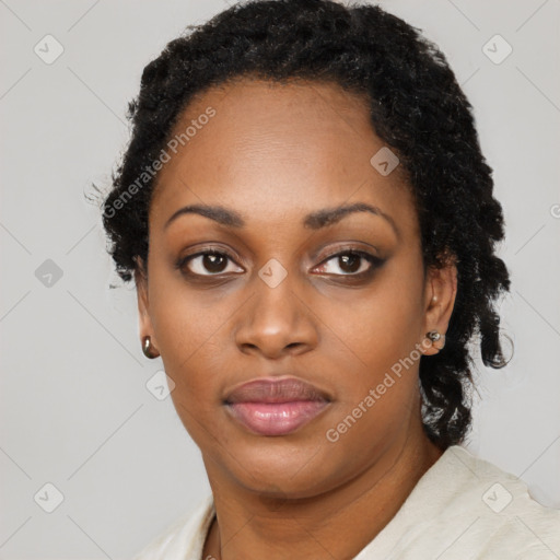 Neutral black young-adult female with short  black hair and brown eyes