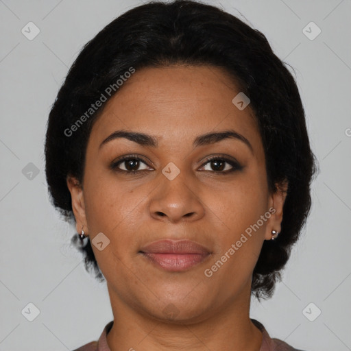 Joyful latino young-adult female with short  brown hair and brown eyes