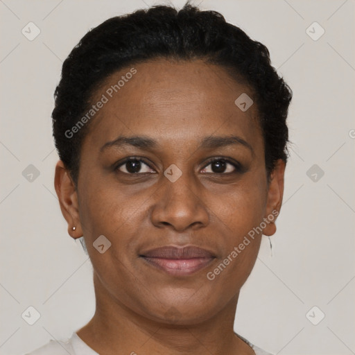 Joyful black adult female with short  brown hair and brown eyes