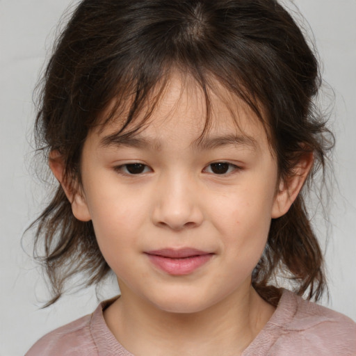 Joyful white child female with medium  brown hair and brown eyes