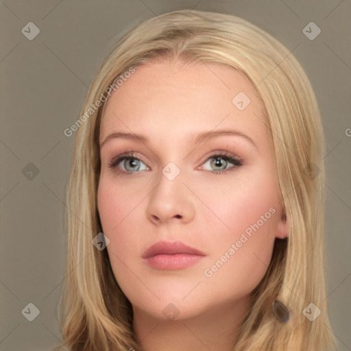 Neutral white young-adult female with long  brown hair and grey eyes