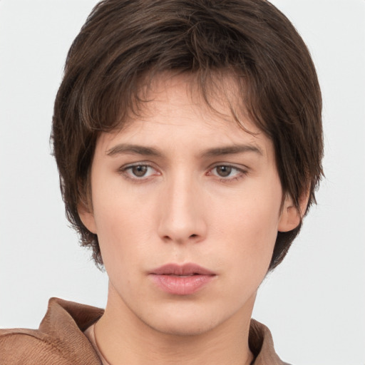 Neutral white young-adult female with short  brown hair and brown eyes