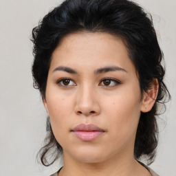 Neutral asian young-adult female with medium  brown hair and brown eyes