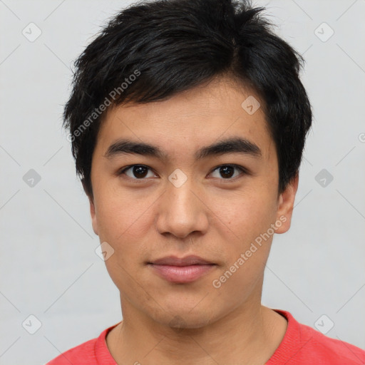 Neutral asian young-adult male with short  black hair and brown eyes