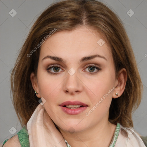 Joyful white young-adult female with medium  brown hair and blue eyes