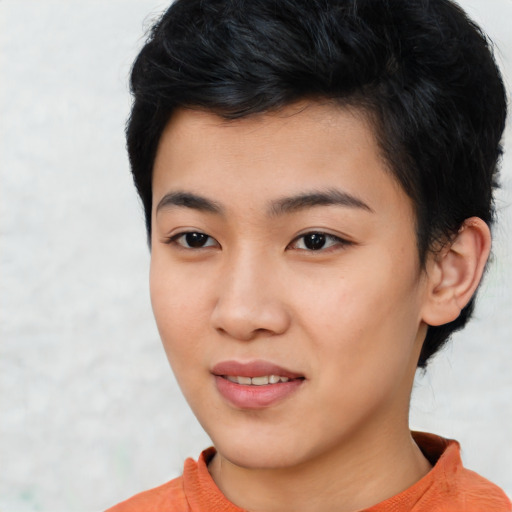Joyful asian young-adult female with short  black hair and brown eyes