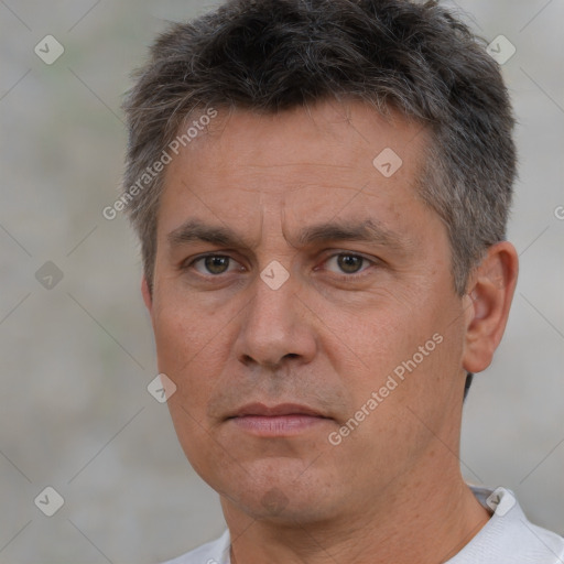 Neutral white adult male with short  brown hair and brown eyes