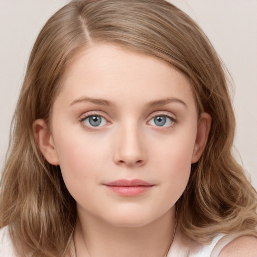 Neutral white young-adult female with long  brown hair and blue eyes