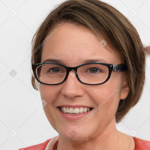 Joyful white young-adult female with medium  brown hair and blue eyes