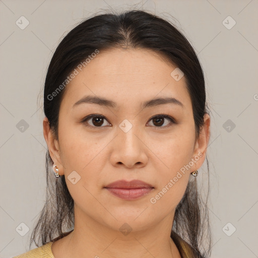 Joyful white young-adult female with medium  brown hair and brown eyes