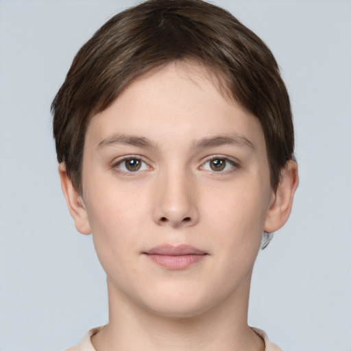 Neutral white young-adult female with short  brown hair and brown eyes