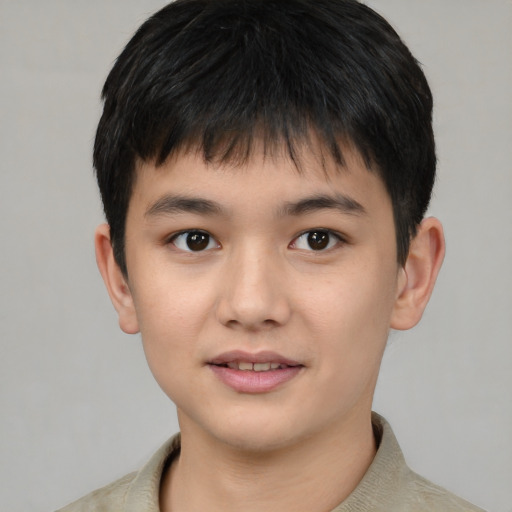 Joyful asian child male with short  brown hair and brown eyes